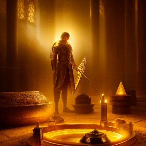 Perceval, awe-struck and illuminated by a soft golden glow, gazes upon a chamber filled with ancient artifacts, their mystical aura hinting at the power and significance they hold on his quest for the Grail.